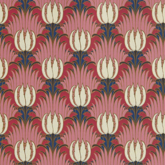 Amaranth pink wallpaper with ivory tulips, blush petals, navy foliage and olive stems