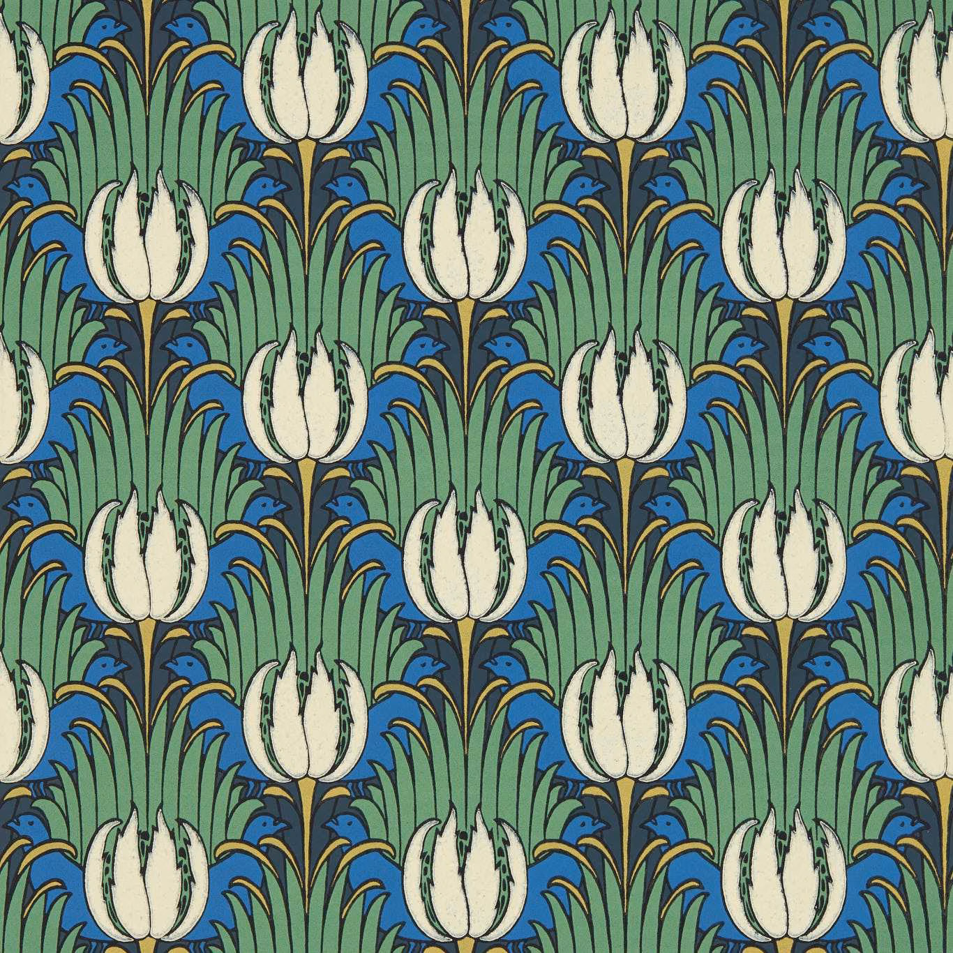 Goblin green tulip leaves with cream blooms and raven-blue birds