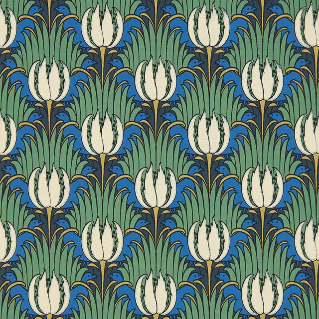 Goblin green tulip leaves with cream blooms and raven-blue birds