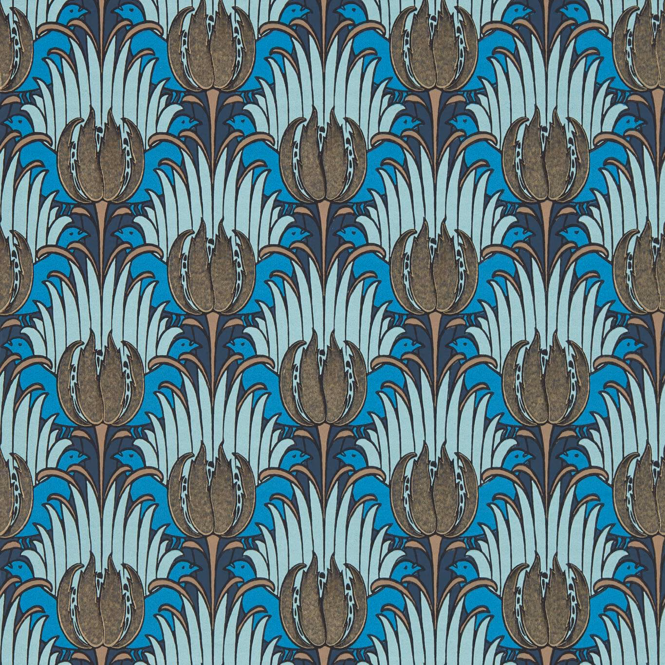 Cool seafoam wallpaper with blue bird forms, brown tulips and dark scrolling outlines