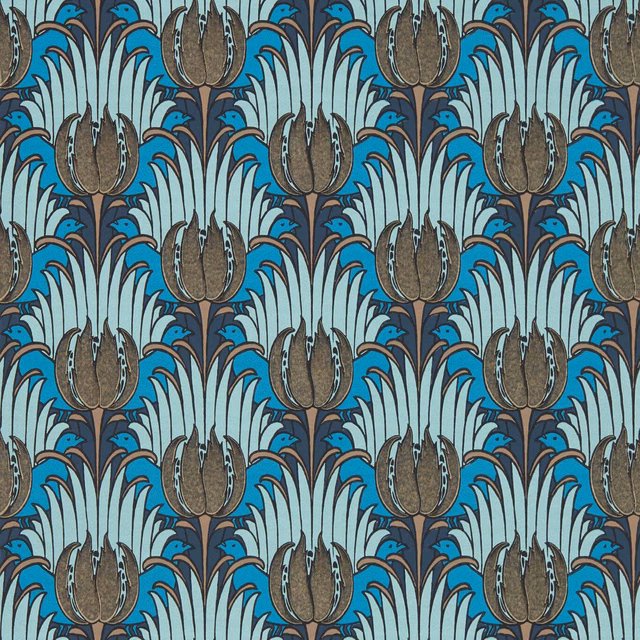 Cool seafoam wallpaper with blue bird forms, brown tulips and dark scrolling outlines