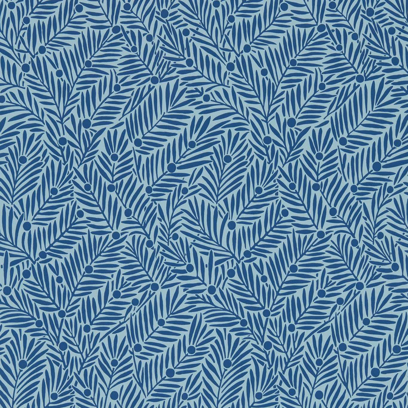 Pale blue wallpaper with dense indigo leafy sprigs, branches and small berries