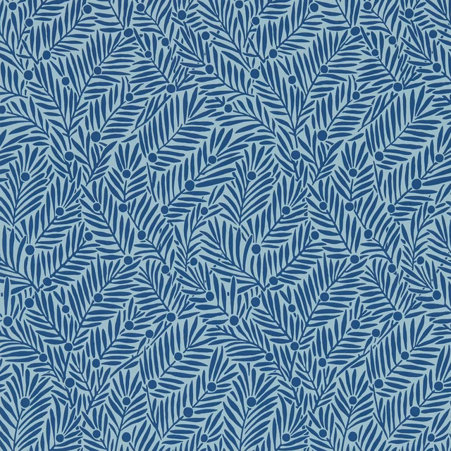 Pale blue wallpaper with dense indigo leafy sprigs, branches and small berries