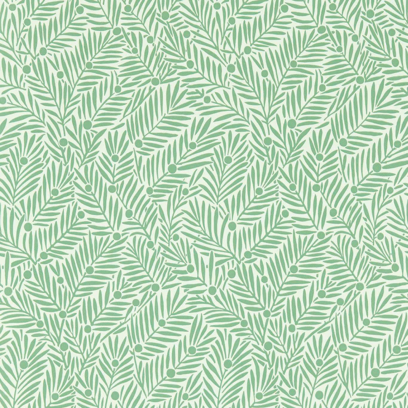 Pale spearmint wallpaper with repeating green leafy sprigs and rounded seed pods