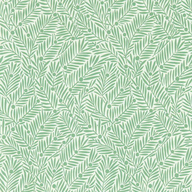 Pale spearmint wallpaper with repeating green leafy sprigs and rounded seed pods