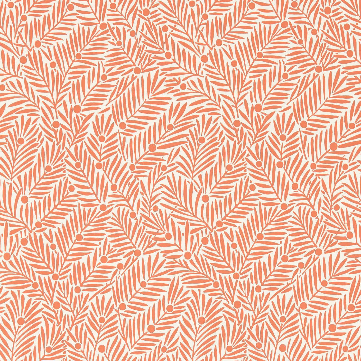 Watermelon-coral leafy sprigs and berries on a cream botanical wallpaper ground