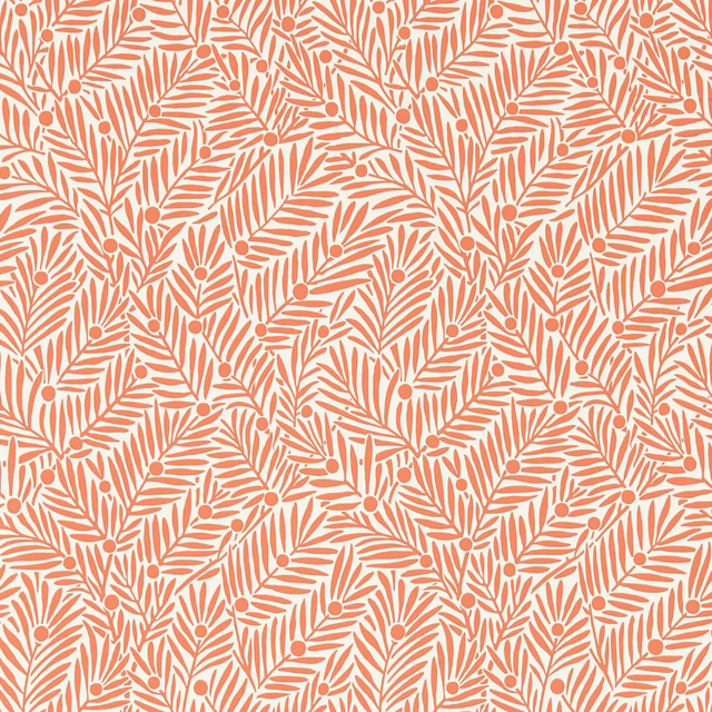 Watermelon-coral leafy sprigs and berries on a cream botanical wallpaper ground