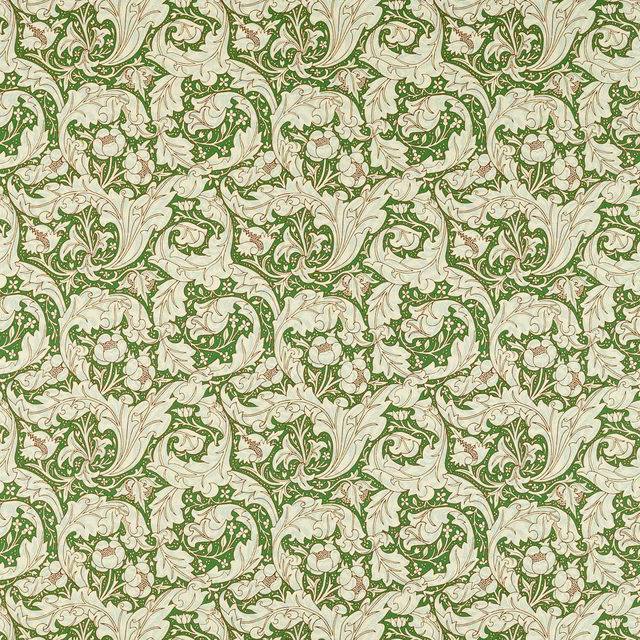 Leaf-green scrolling botanicals on a pale sky and cream ground