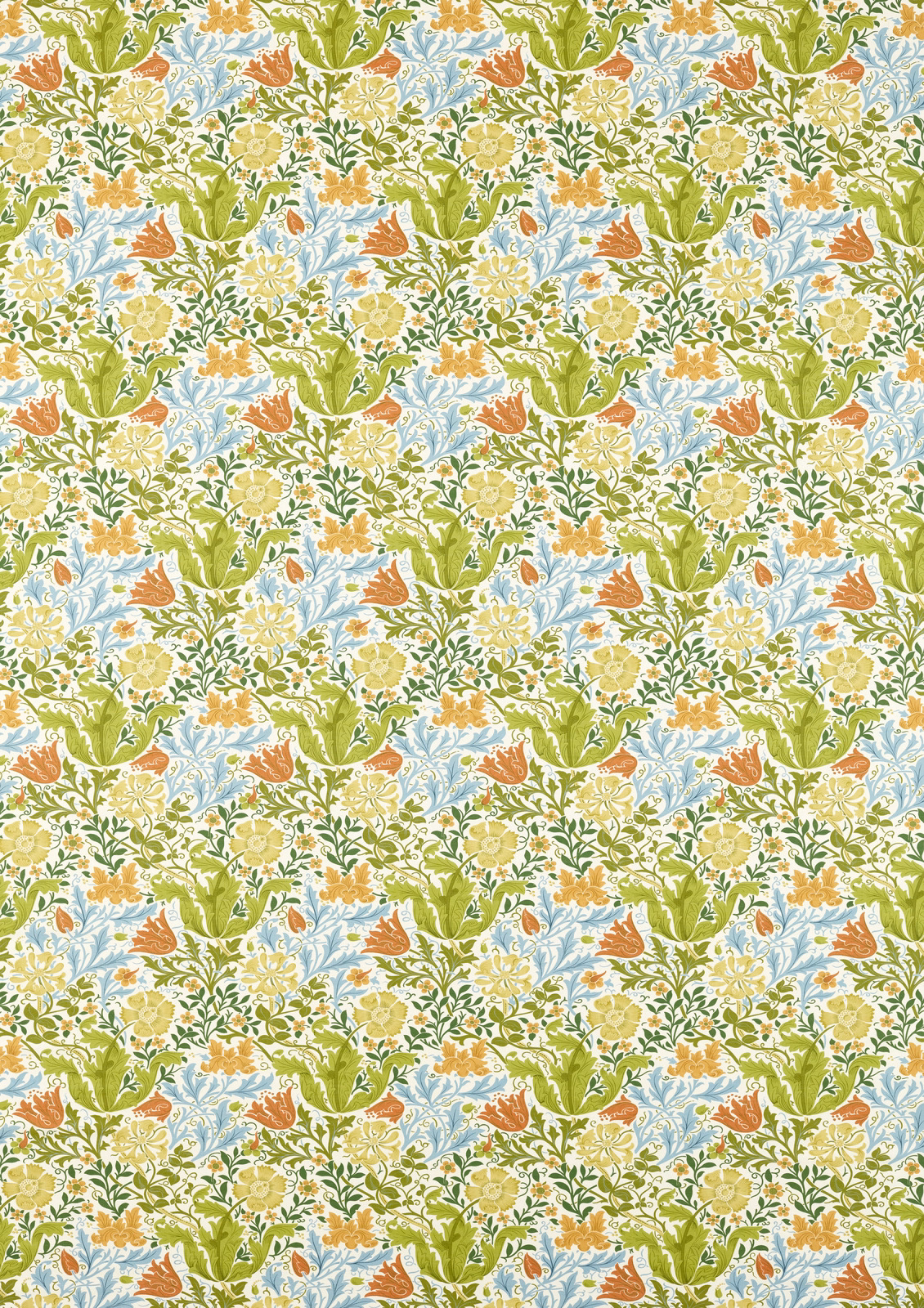 Dense spring green, pale blue, ochre and terracotta botanical floral fabric on a cream ground