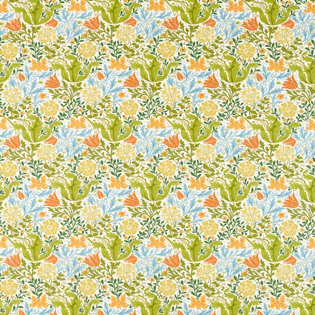 Dense spring green, pale blue, ochre and terracotta botanical floral fabric on a cream ground
