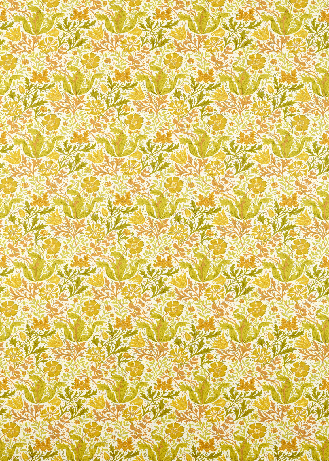 Warm chartreuse botanical fabric with cream flowers and olive leafy motifs