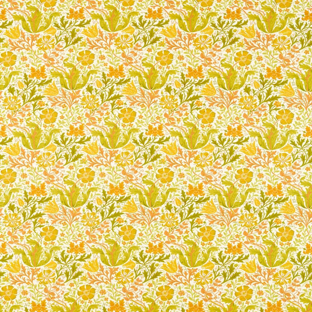 Warm chartreuse botanical fabric with cream flowers and olive leafy motifs