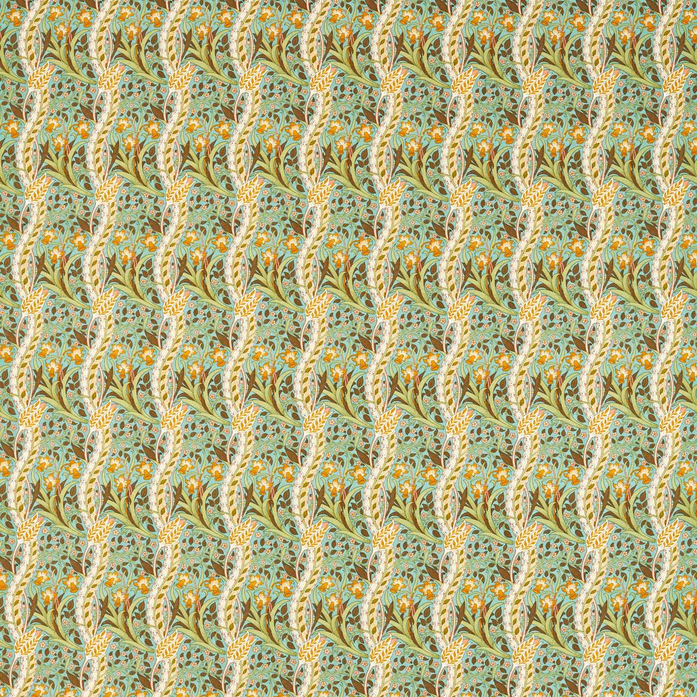 Muted aqua-blue ground with chocolate vines, yellow blooms and dense scrolling foliage