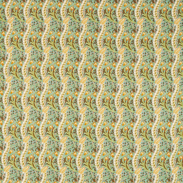 Muted aqua-blue ground with chocolate vines, yellow blooms and dense scrolling foliage