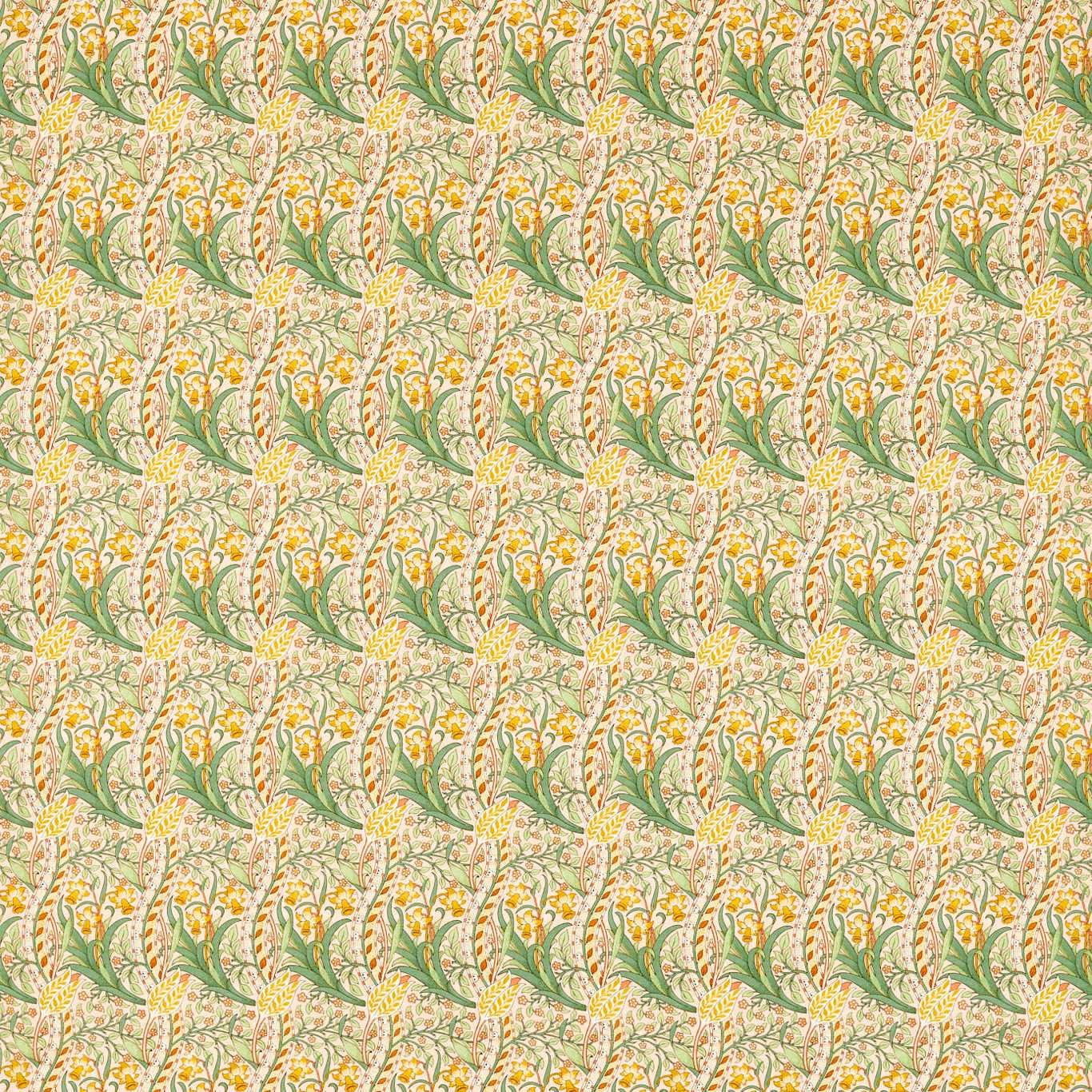 Cream botanical fabric with pink flowers, green leaves and golden-yellow sprigs