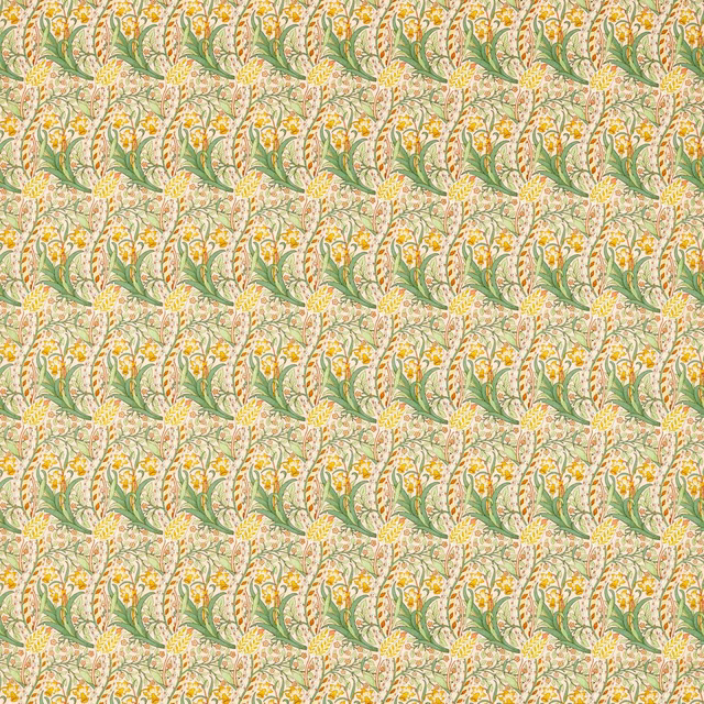 Cream botanical fabric with pink flowers, green leaves and golden-yellow sprigs