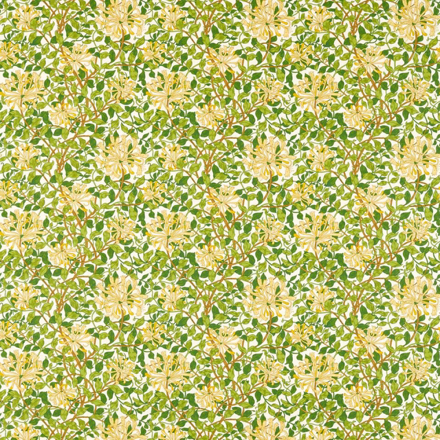 Cream botanical fabric with green leaves, pale honeysuckle blooms and chocolate stems