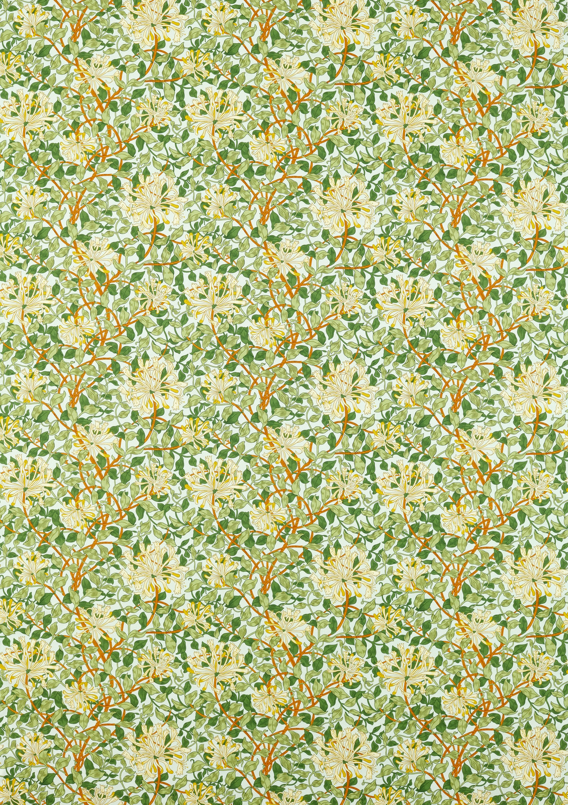 Pale sky botanical fabric with green leaves, cream flowers and burnt-orange stems