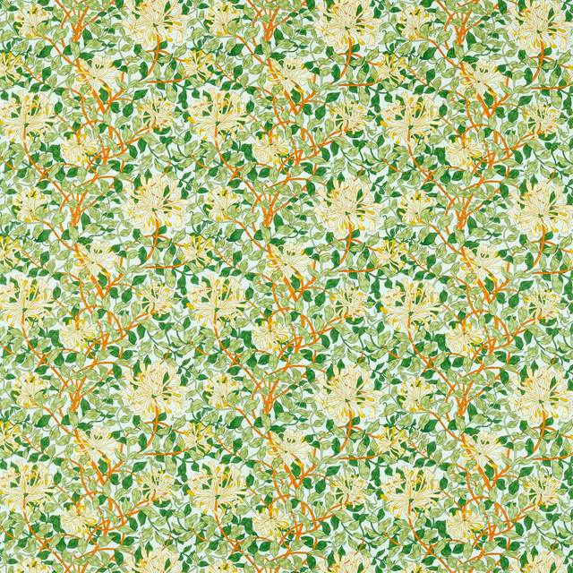 Pale sky botanical fabric with green leaves, cream flowers and burnt-orange stems