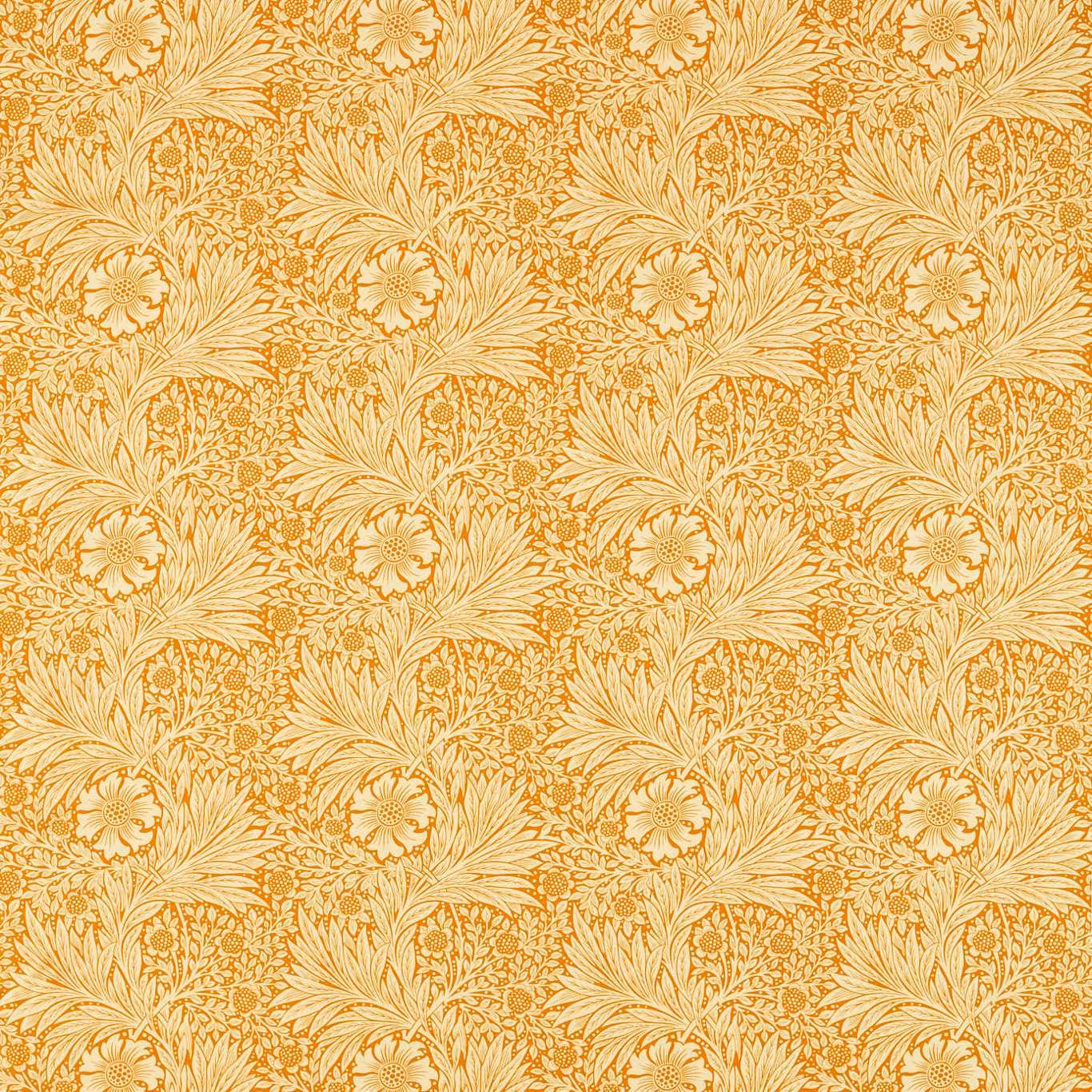 Warm marigold-orange botanical fans and flowers on a cream ground, close-up textile swatch