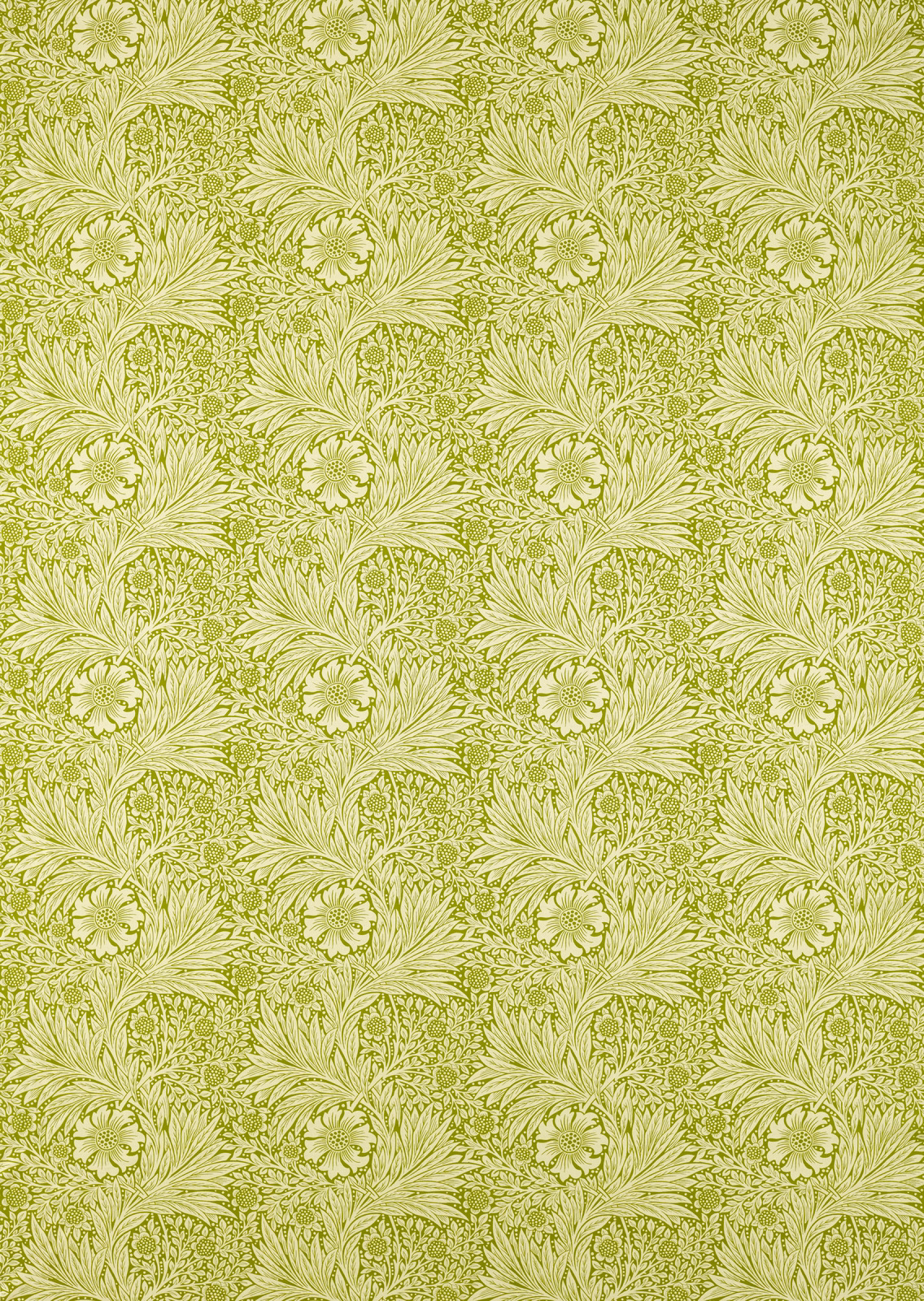 Pale marigold cream fabric with sap-green botanical sprays and rounded flower heads
