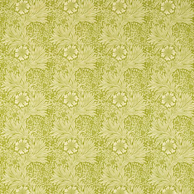 Pale marigold cream fabric with sap-green botanical sprays and rounded flower heads