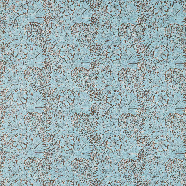 Pale sky-blue fabric with chocolate botanical sprays, rosettes and fine foliage