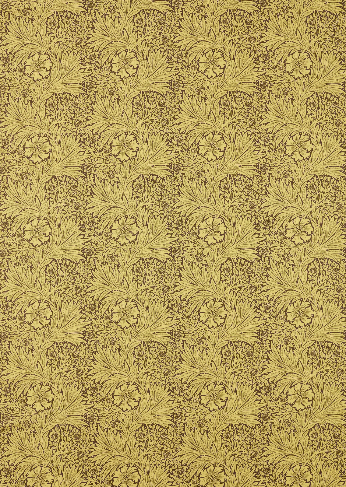 Muted marigold botanical swatch with chocolate linework, layered leaves and small flower heads