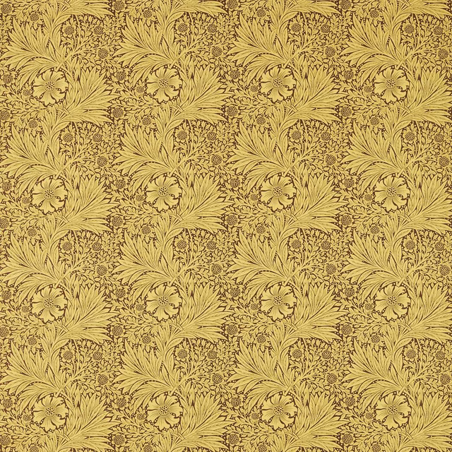 Muted marigold botanical swatch with chocolate linework, layered leaves and small flower heads