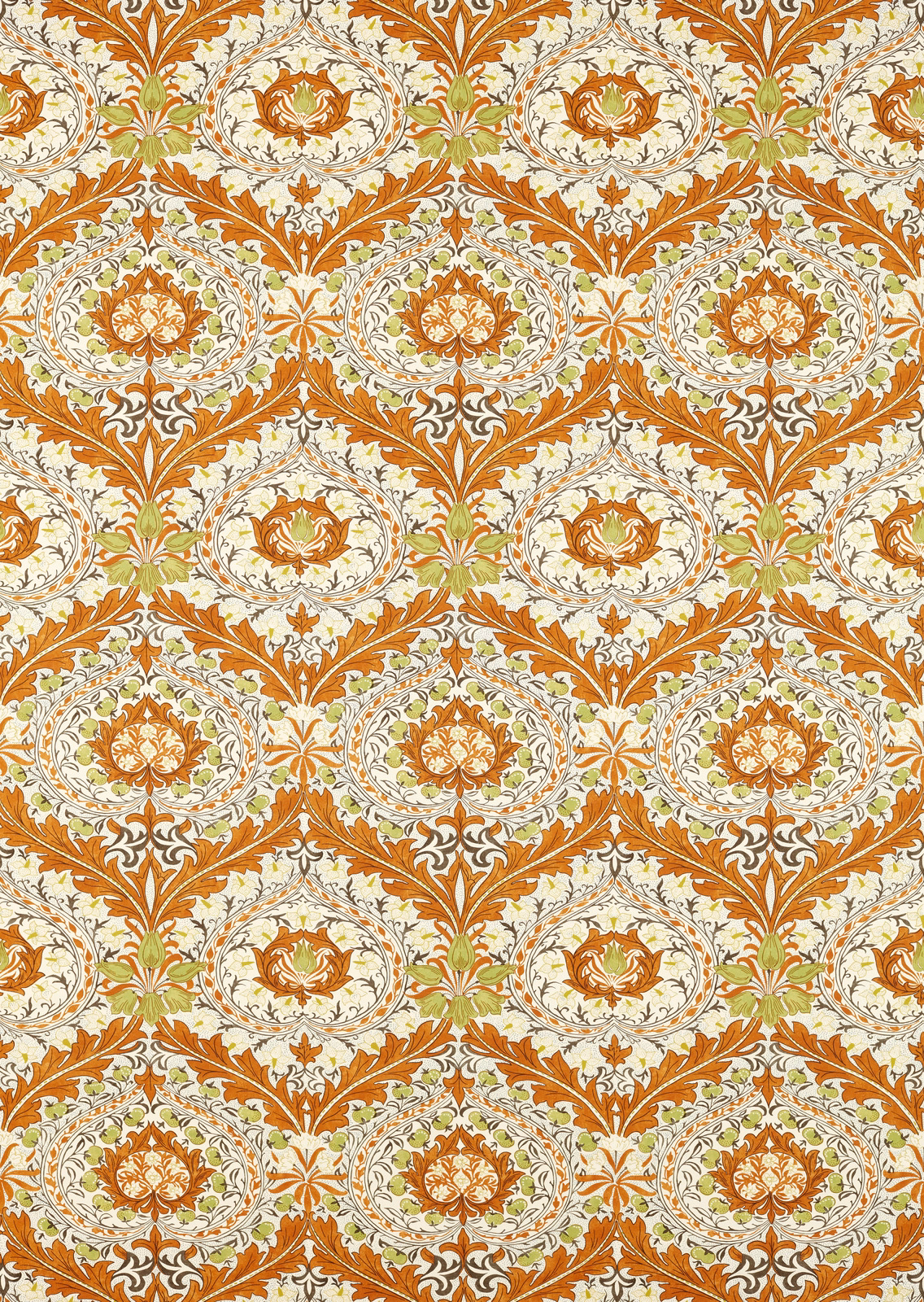 Burnt orange textile with cream oval medallions and chartreuse botanical scrollwork
