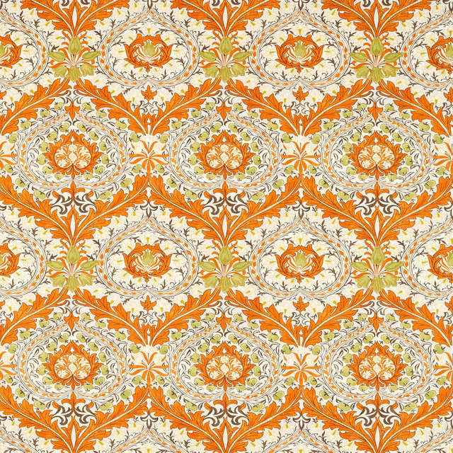 Burnt orange textile with cream oval medallions and chartreuse botanical scrollwork