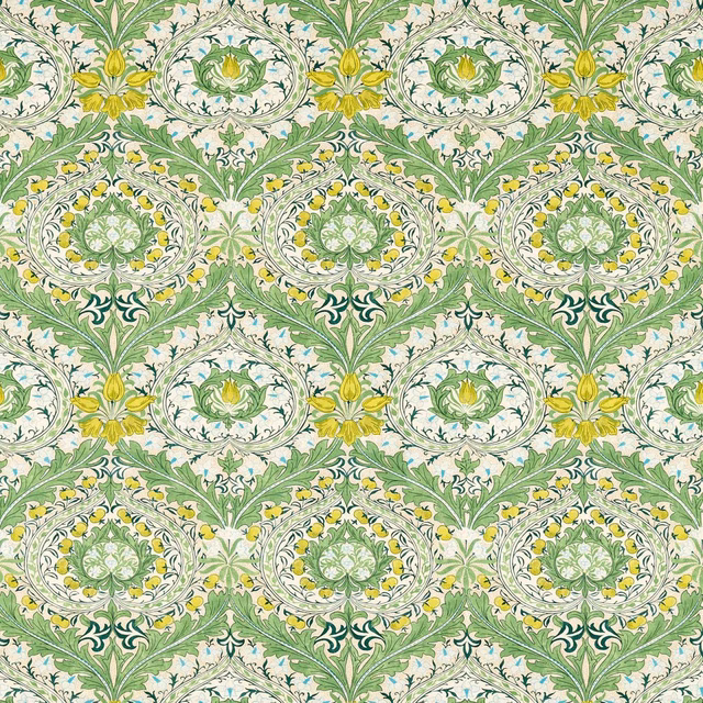 Leaf green and sky-blue oval floral medallions with yellow accents and fine scrolling detail