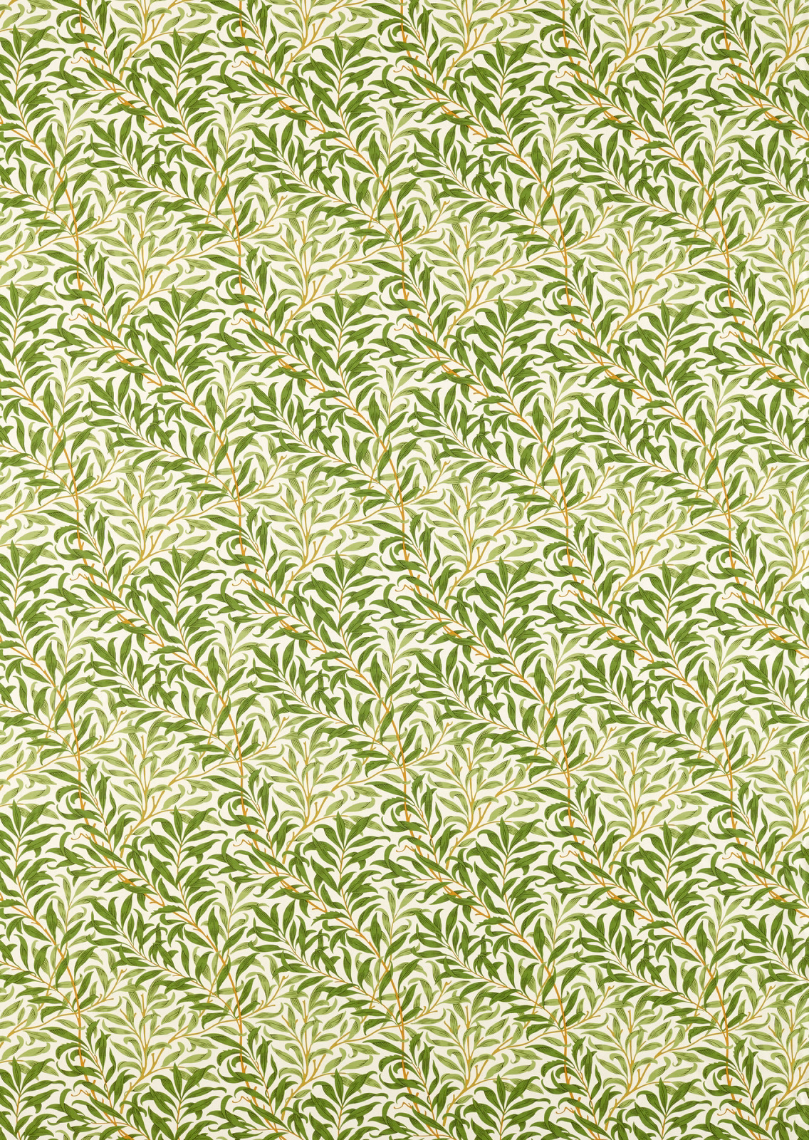 Cream-ground fabric with dense olive and leaf-green winding foliage motifs