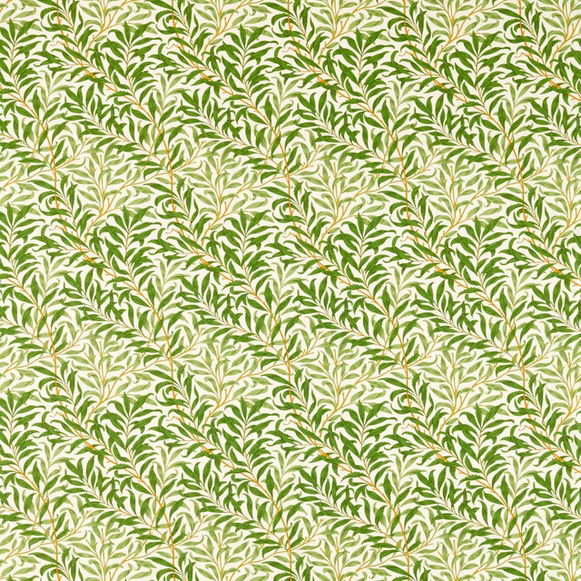 Cream-ground fabric with dense olive and leaf-green winding foliage motifs