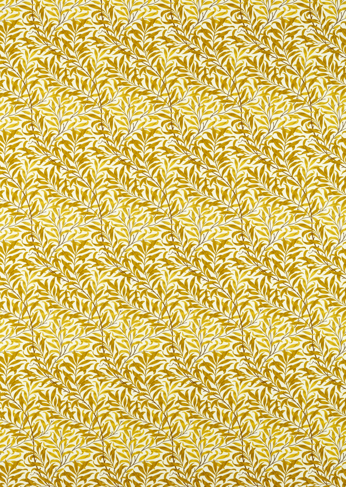 Dense mustard-yellow leafy boughs on a cream ground with a close botanical repeat