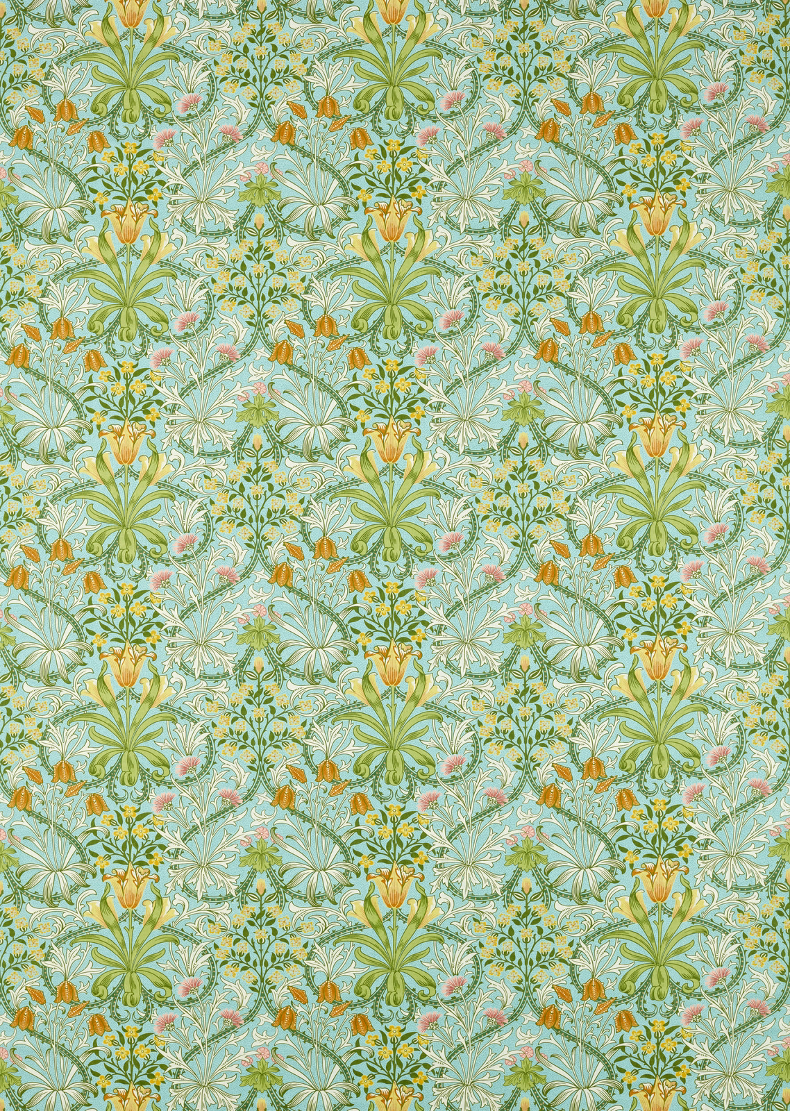 Pale turquoise fabric with orange flowers and scrolling green botanical foliage