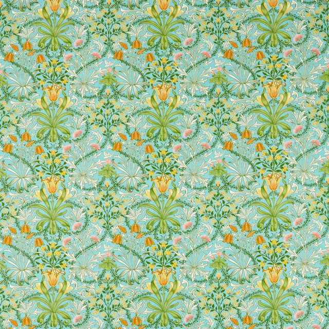 Pale turquoise fabric with orange flowers and scrolling green botanical foliage