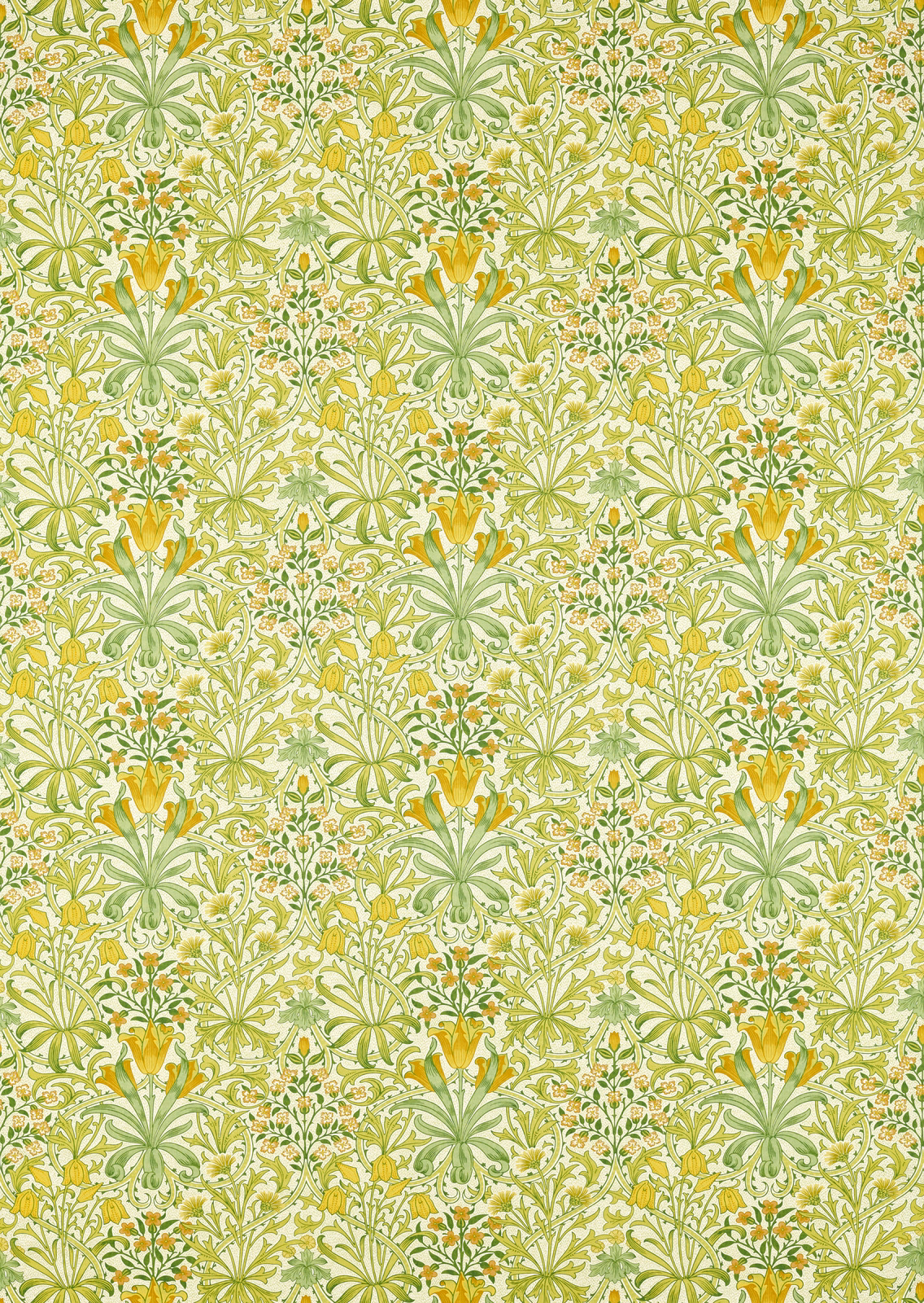 Sap green botanical fabric with yellow blooms, cream tendrils and leafy sprays
