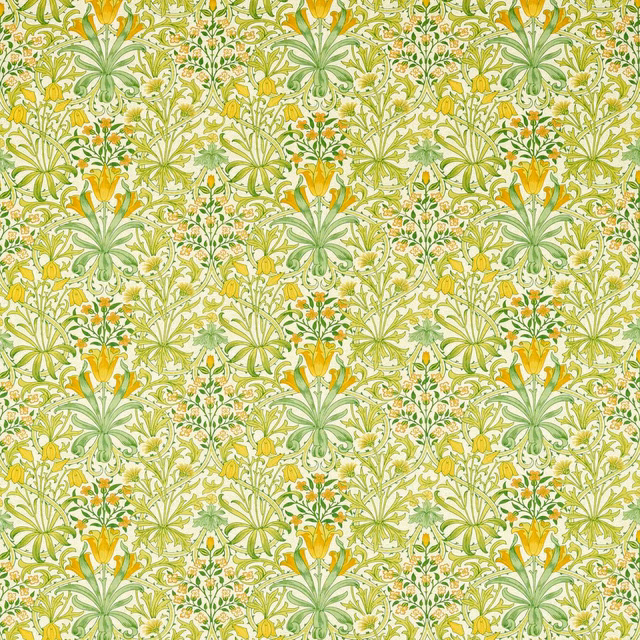 Sap green botanical fabric with yellow blooms, cream tendrils and leafy sprays