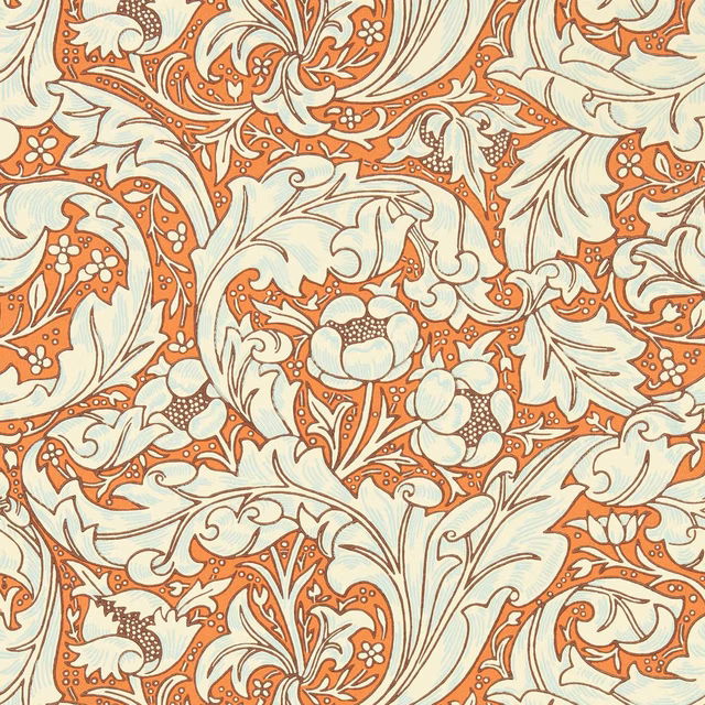 Burnt orange and sky botanical wallpaper with scrolling foliage, blossoms and fine brown outlines