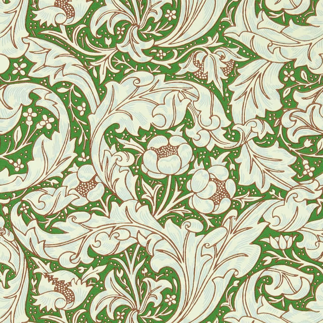 Leaf green and sky botanical wallpaper with pale acanthus leaves and brown floral outlines