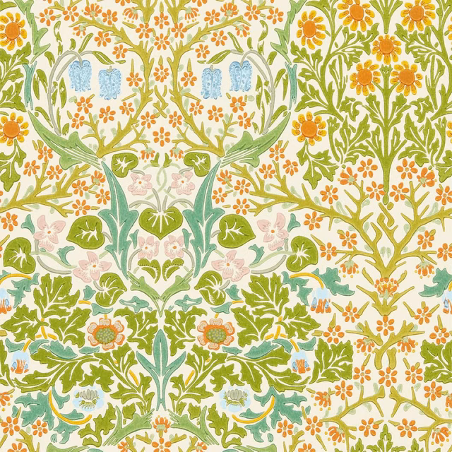 Cream wallpaper with spring-green foliage, orange flowers, pale-blue bells and pink blossoms