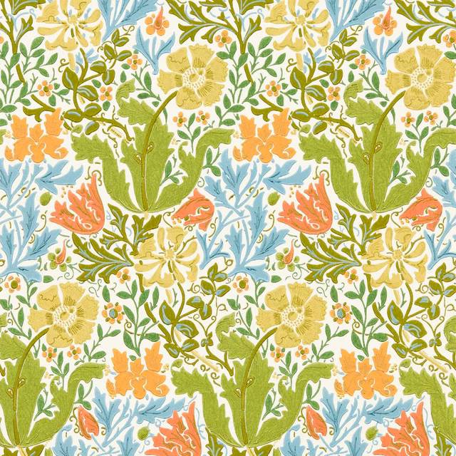 Ivory botanical wallpaper with green leaves, blue foliage, coral flowers and yellow blooms