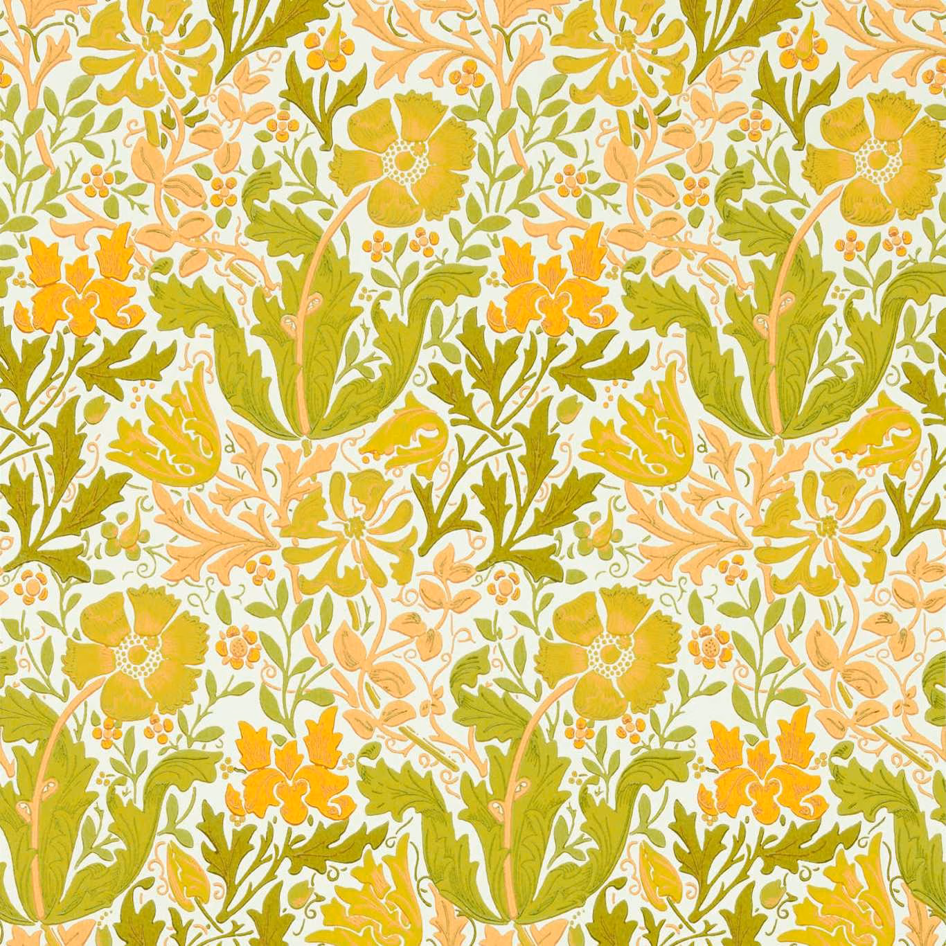 Warm yellow floral wallpaper with green leaves and peach blossoms on a cream ground