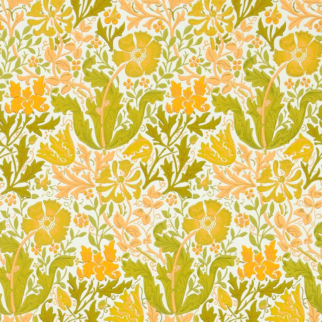 Warm yellow floral wallpaper with green leaves and peach blossoms on a cream ground