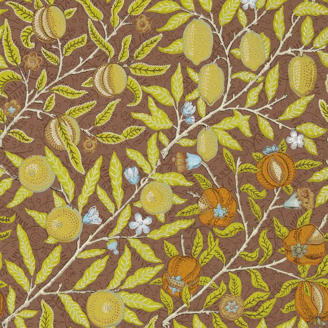 Chocolate-brown wallpaper with lime leaves, golden fruits and pale blue blossoms
