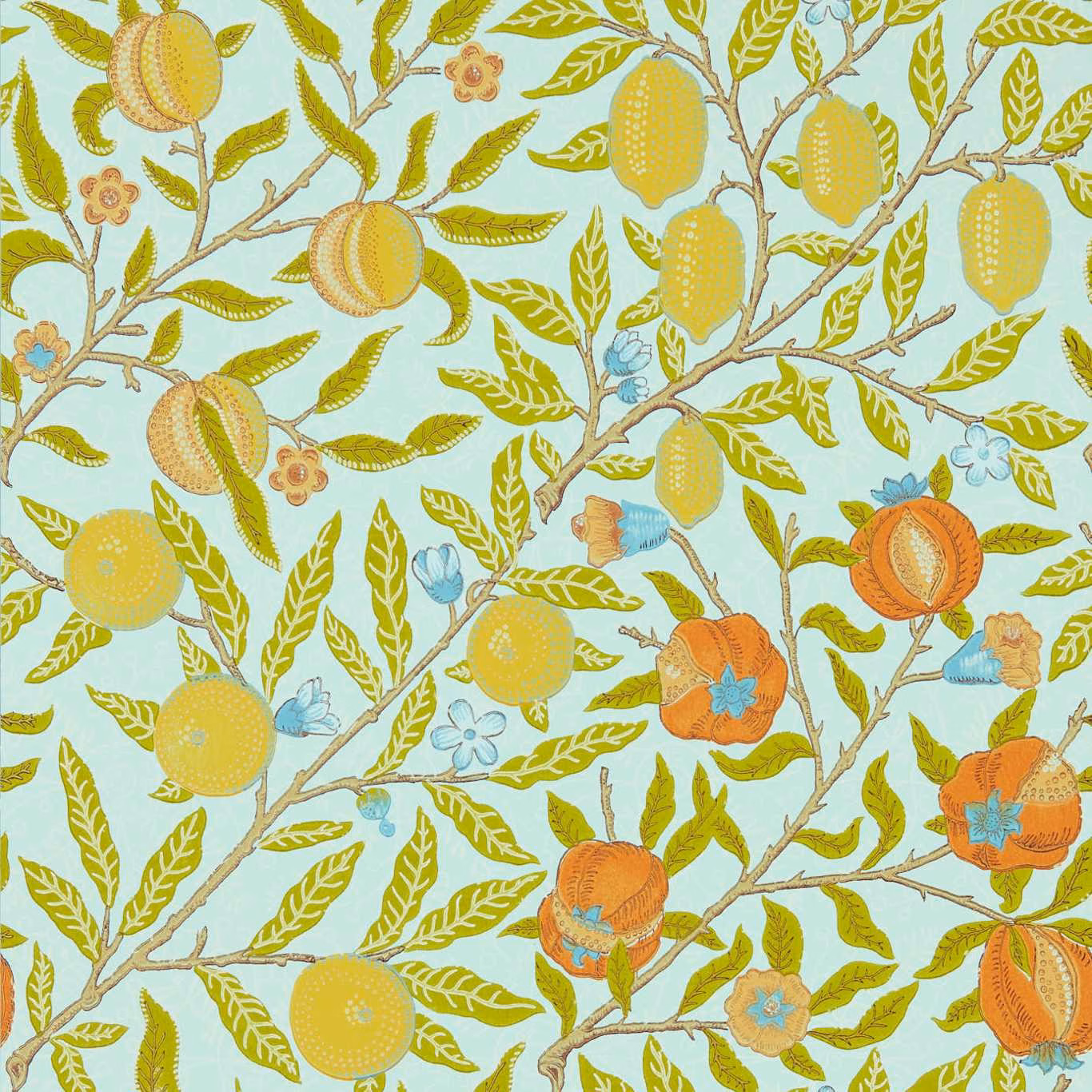 Pale aqua wallpaper with yellow citrus, orange pomegranates and branching green foliage