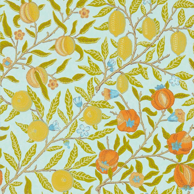 Pale aqua wallpaper with yellow citrus, orange pomegranates and branching green foliage