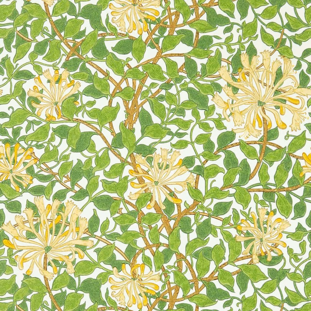 Cream wallpaper with green honeysuckle leaves, chocolate stems and pale yellow flowers