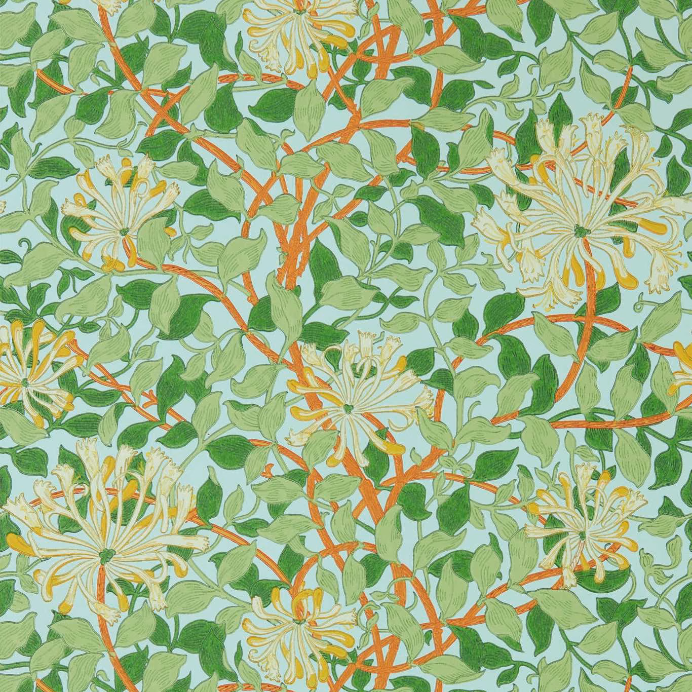 Sky-blue wallpaper with green honeysuckle leaves, cream flowers and burnt-orange winding stems.